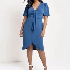 NWT Eloquii Dress Tie Front V-Neck Short Sleeve Tulip Hem Blue Size 18